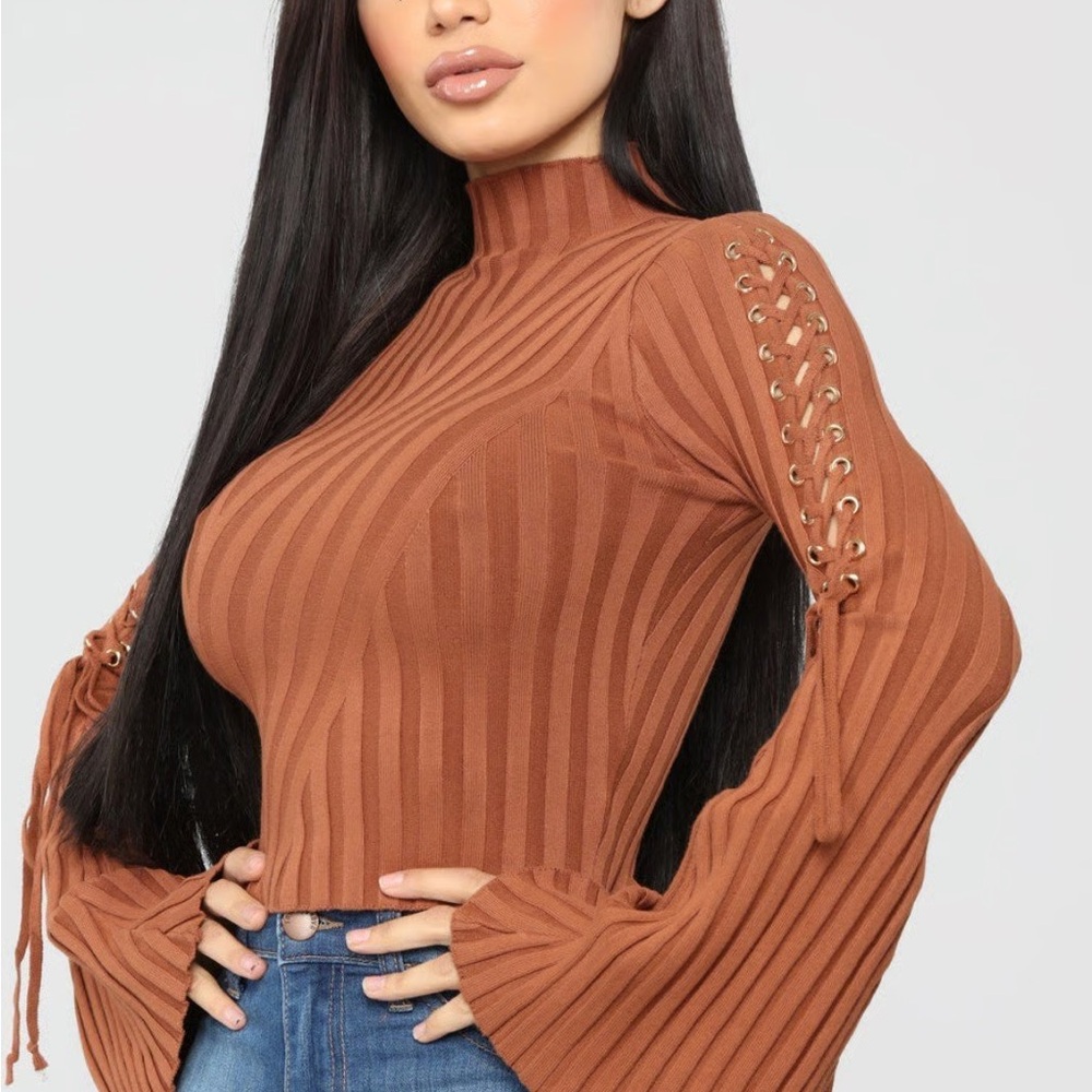 Brown Ribbed Lace-Up Top